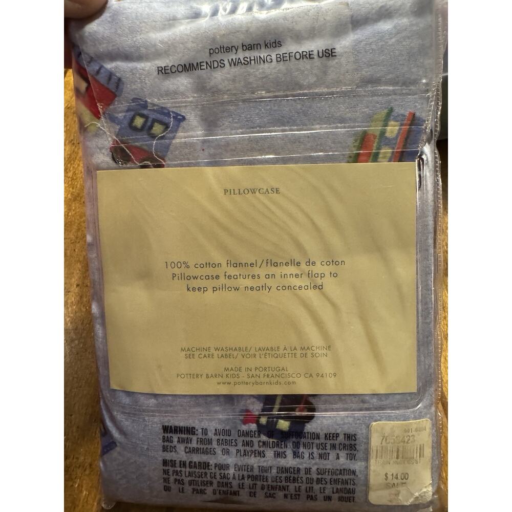 Pottery Barn Kids Train Junction Pillowcase Blue Cotton Flannel Standard Sz Nip - Picture 3 of 4